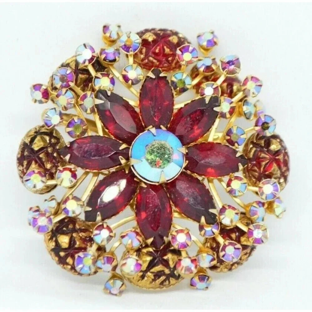 Red Aurora Borealis Molded Glass Rhinestone Large Gold Tone Brooch